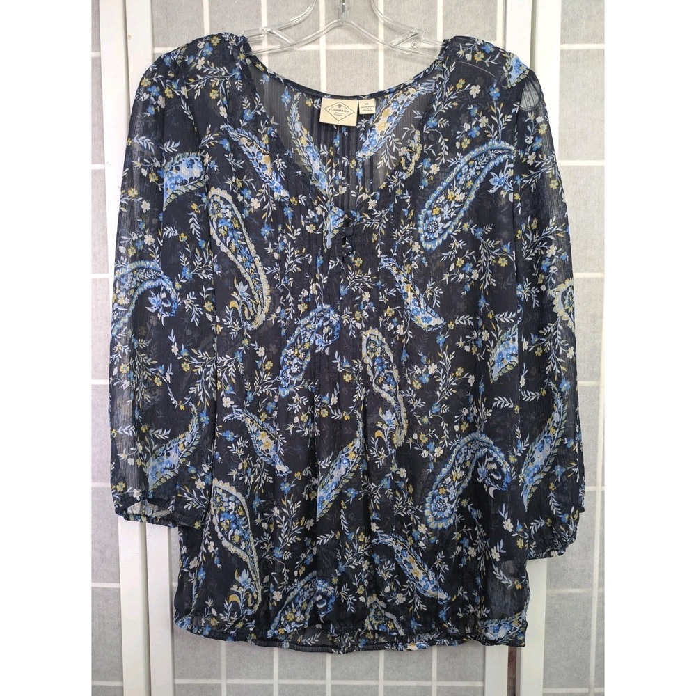 St. John's Bay Womens XL Sheer Top Paisley Blue Floral Elastic Waist Lightweight